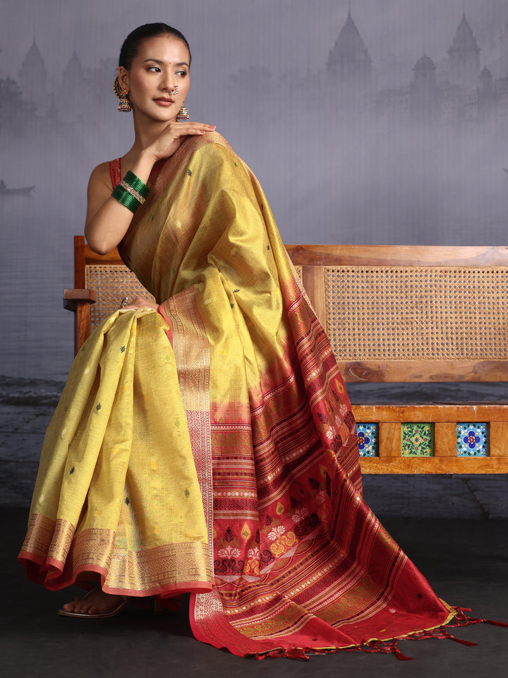 Libas Yellow Jacquard Woven Design Silk Blend Saree