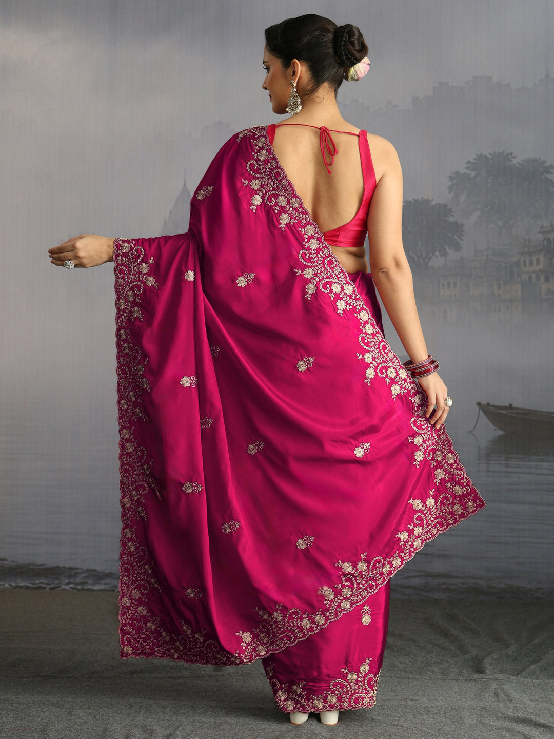 Libas Rani Pink Floral Embroidered Satin Saree with Scalloped Border