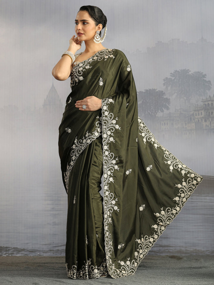 Libas Olive Green Floral Embroidered Satin Saree with Scalloped Border