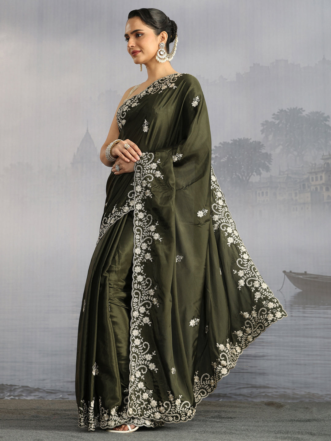 Libas Olive Green Floral Embroidered Satin Saree with Scalloped Border