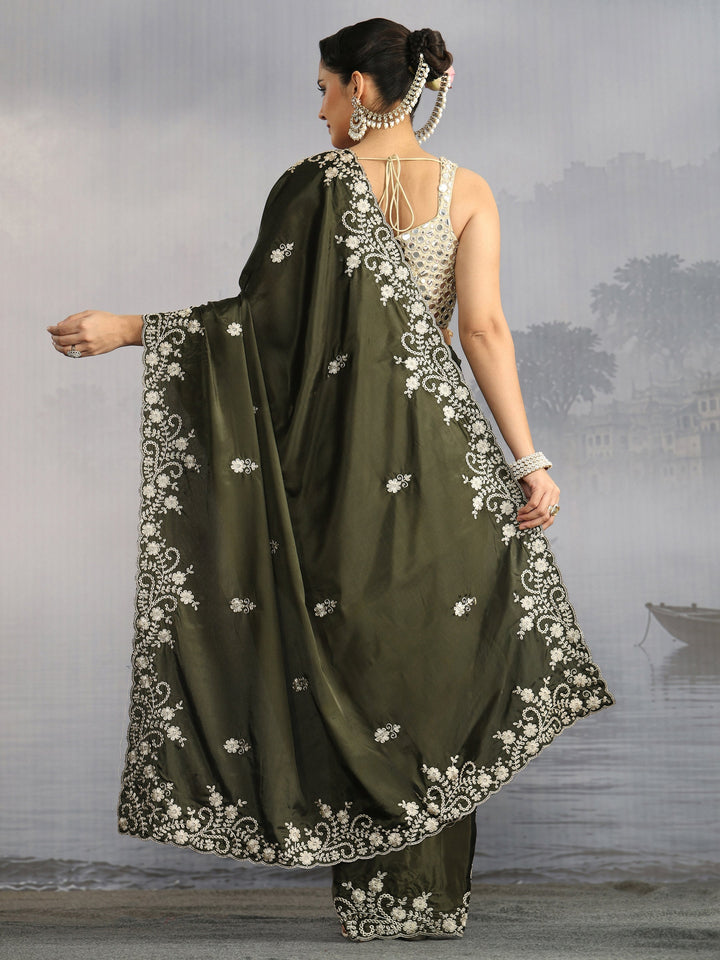 Libas Olive Green Floral Embroidered Satin Saree with Scalloped Border