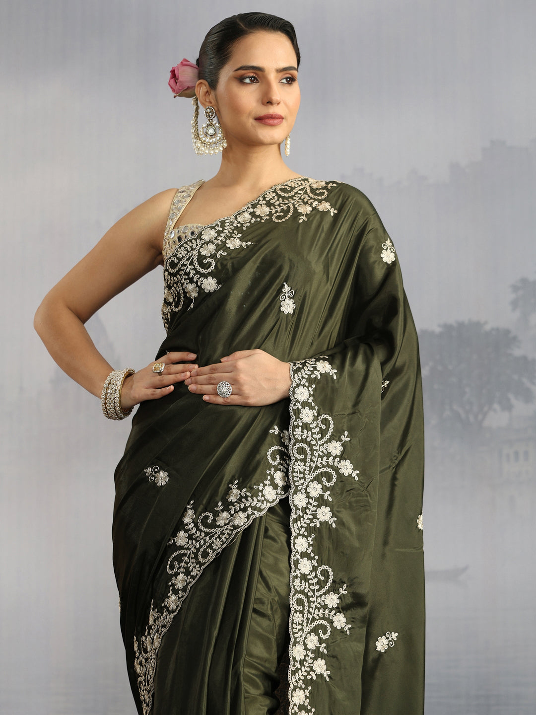 Libas Olive Green Floral Embroidered Satin Saree with Scalloped Border