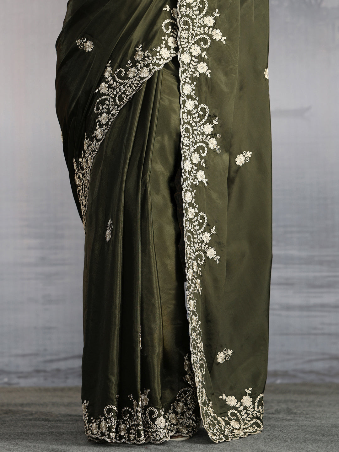 Libas Olive Green Floral Embroidered Satin Saree with Scalloped Border