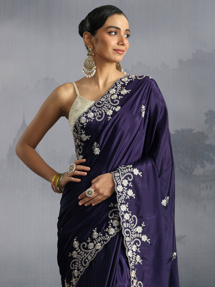Libas Dark Purple Floral Embroidered Satin Saree with Scalloped Border
