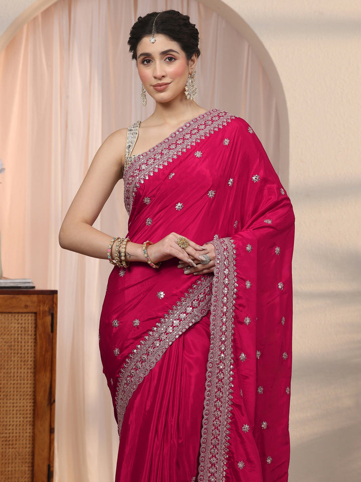 Libas Rani Pink Embroidered Satin Saree with Sequin Embellishments
