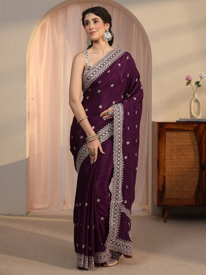 Libas Wine Embroidered Satin Saree with Sequin Embellishments