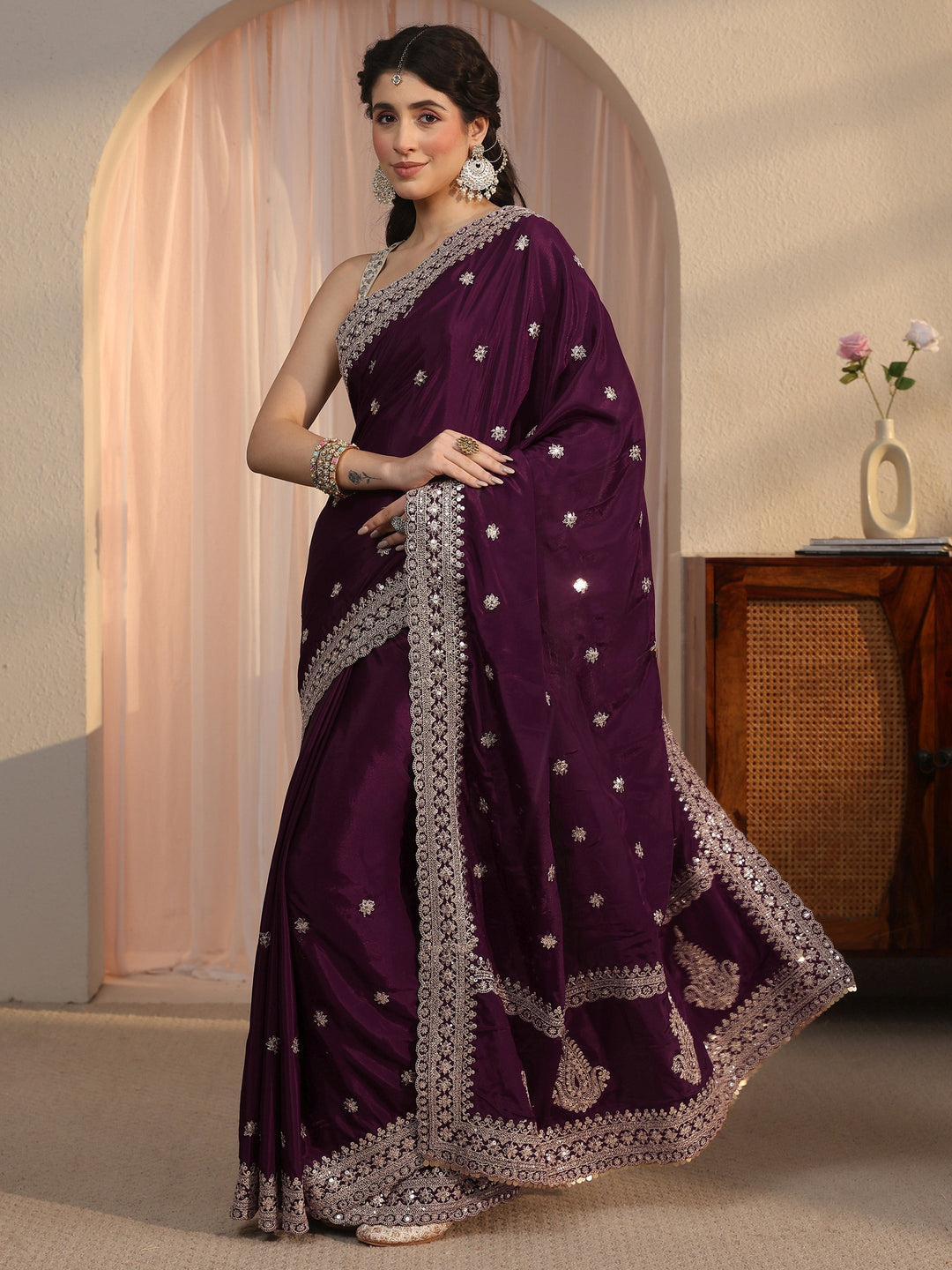 Libas Wine Embroidered Satin Saree with Sequin Embellishments