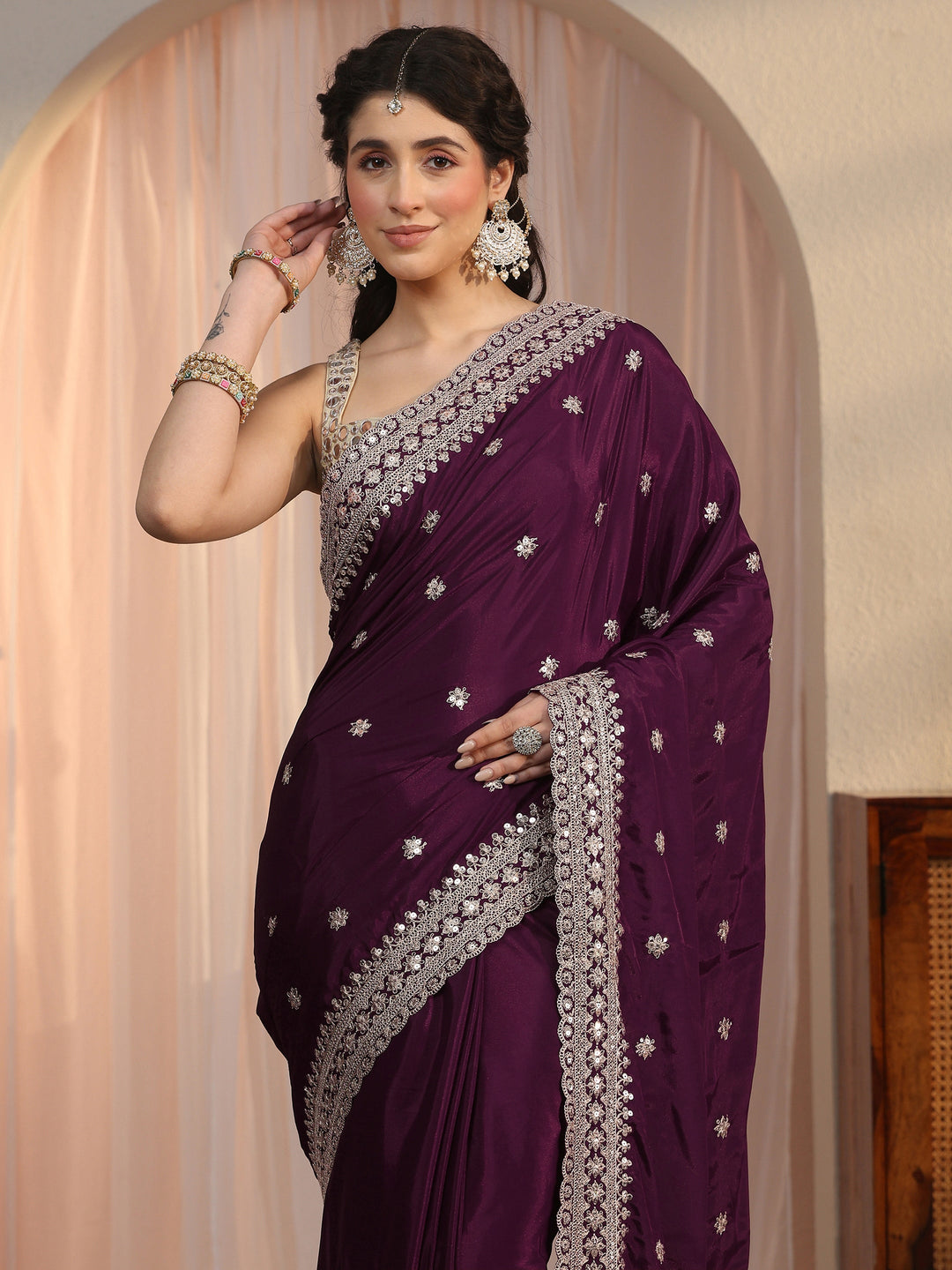 Libas Wine Embroidered Satin Saree with Sequin Embellishments