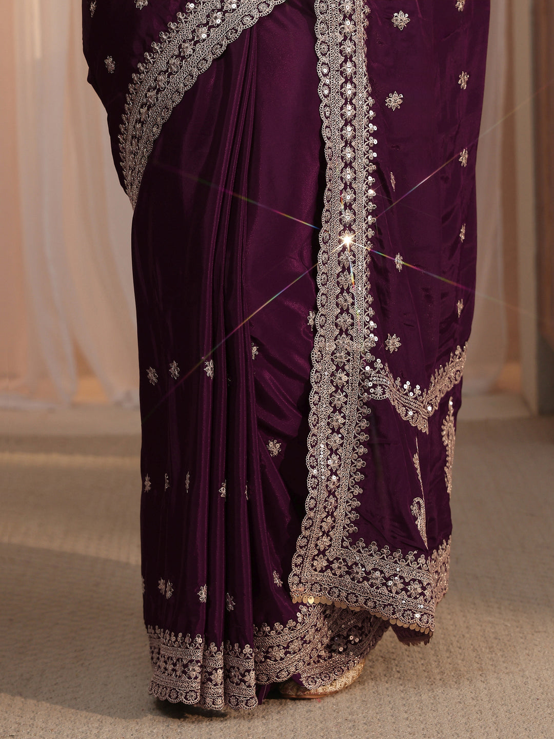 Libas Wine Embroidered Satin Saree with Sequin Embellishments