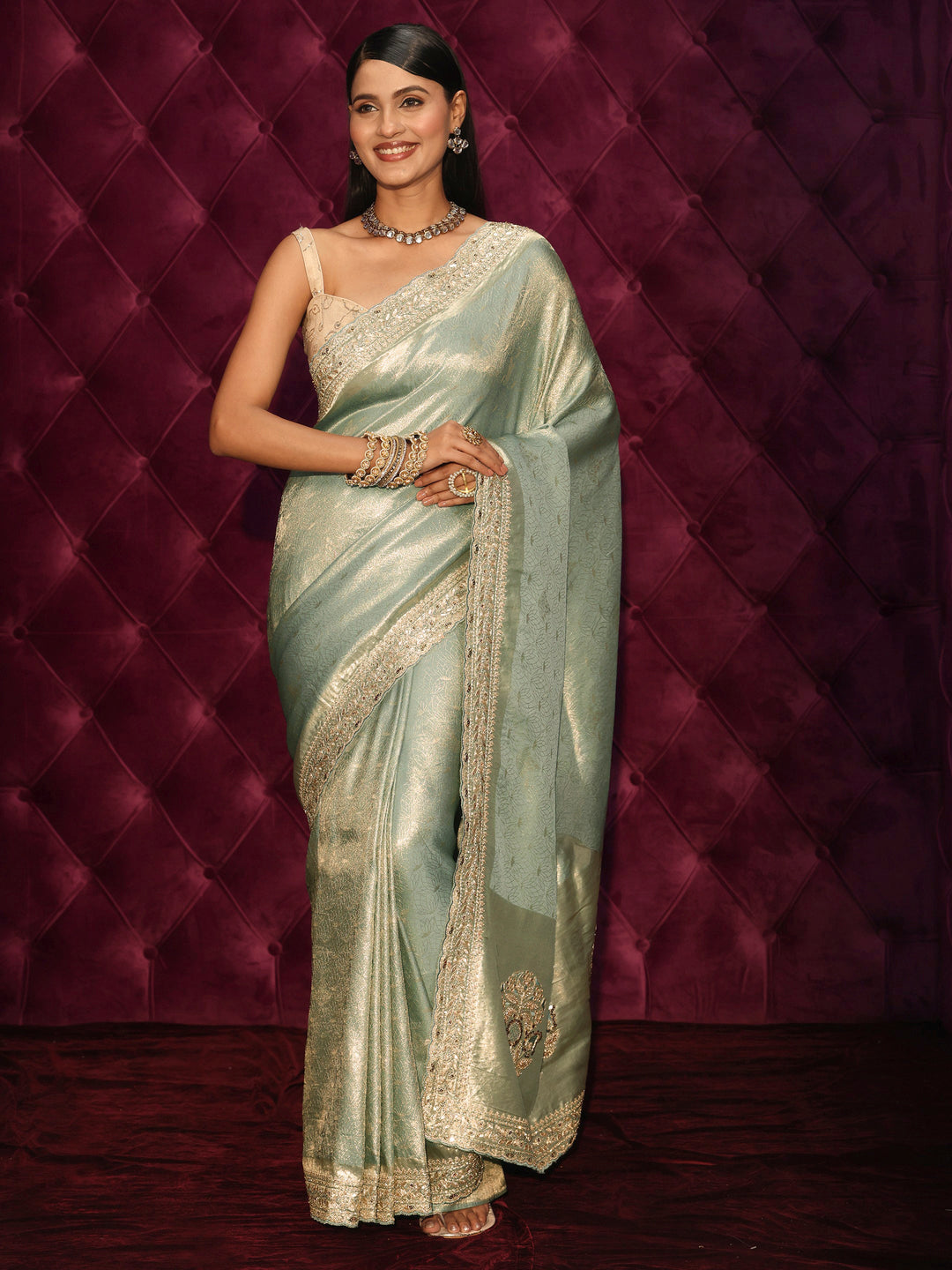 Libas Art Green Woven Design Silk Blend Saree with Embellished Pallu
