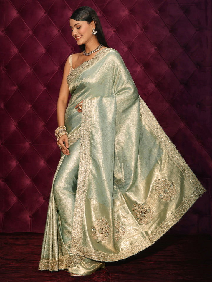 Libas Art Green Woven Design Silk Blend Saree with Embellished Pallu