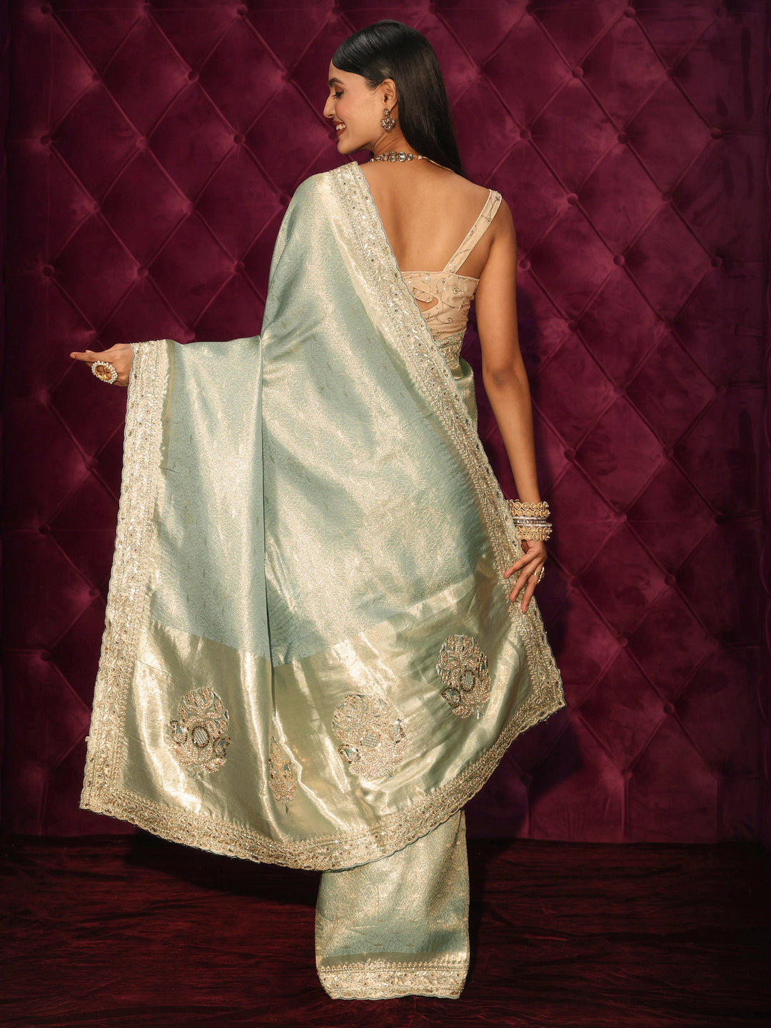 Libas Art Green Woven Design Silk Blend Saree with Embellished Pallu