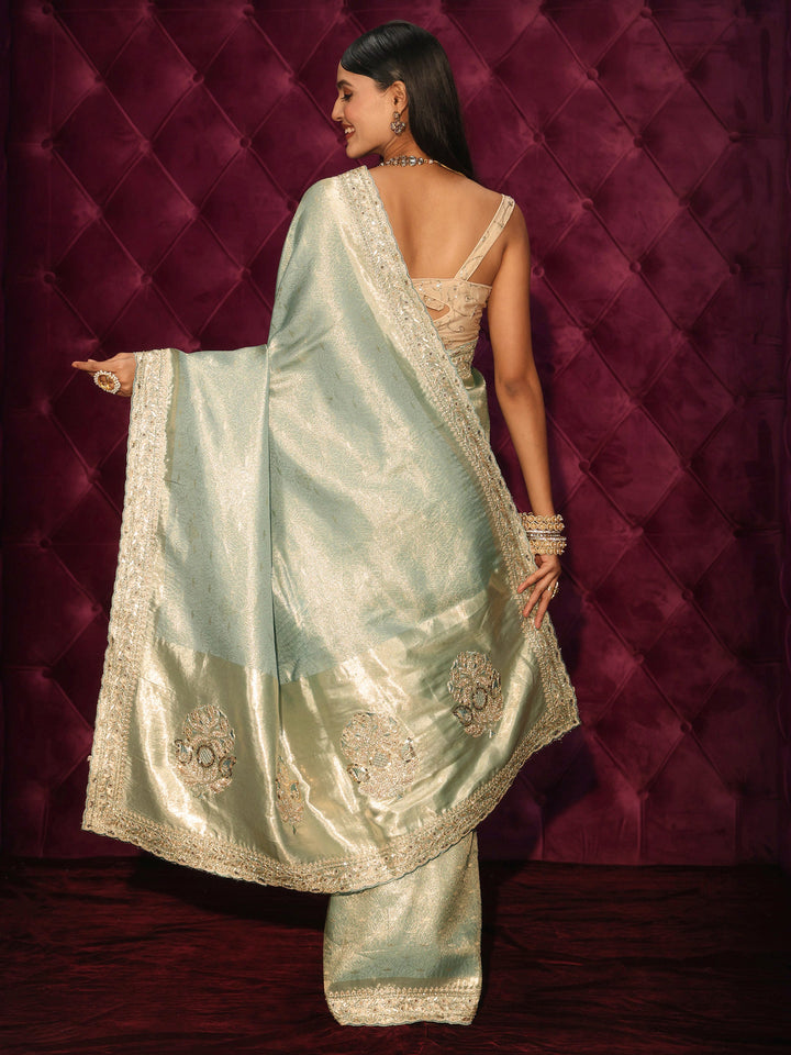 Libas Art Green Woven Design Silk Blend Saree with Embellished Pallu