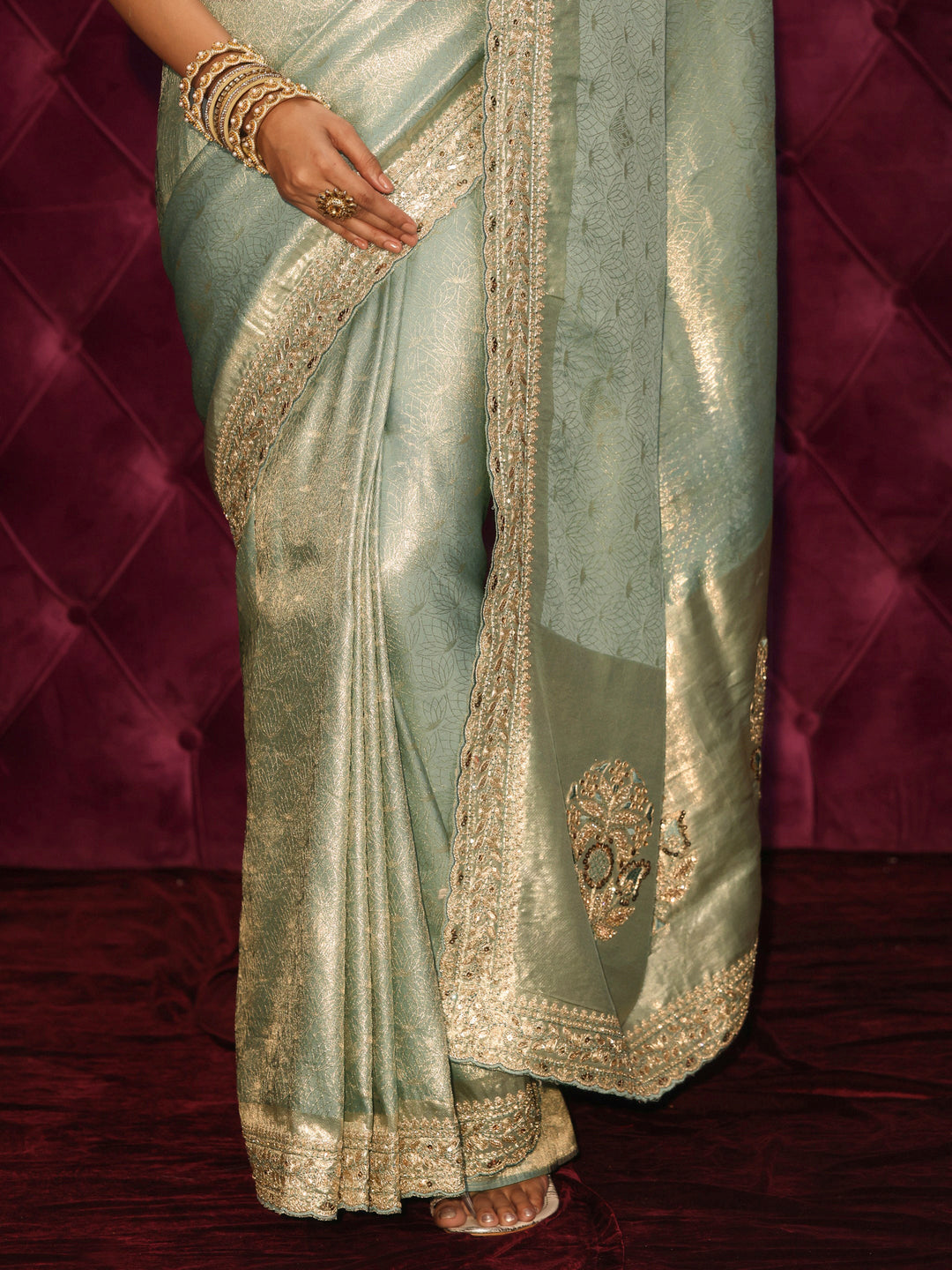 Libas Art Green Woven Design Silk Blend Saree with Embellished Pallu