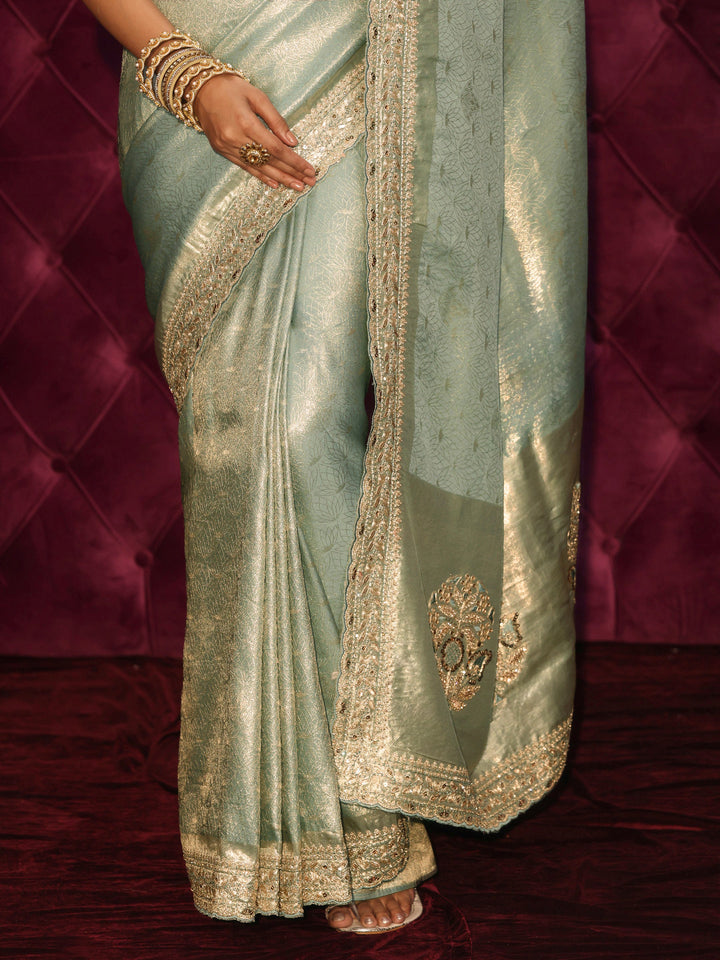 Libas Art Green Woven Design Silk Blend Saree with Embellished Pallu
