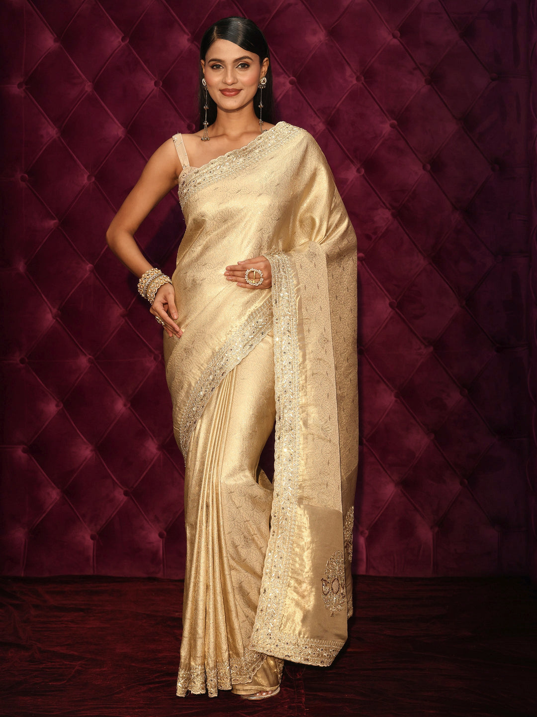 Libas Art Golden Woven Design Silk Blend Saree with Embellished Pallu