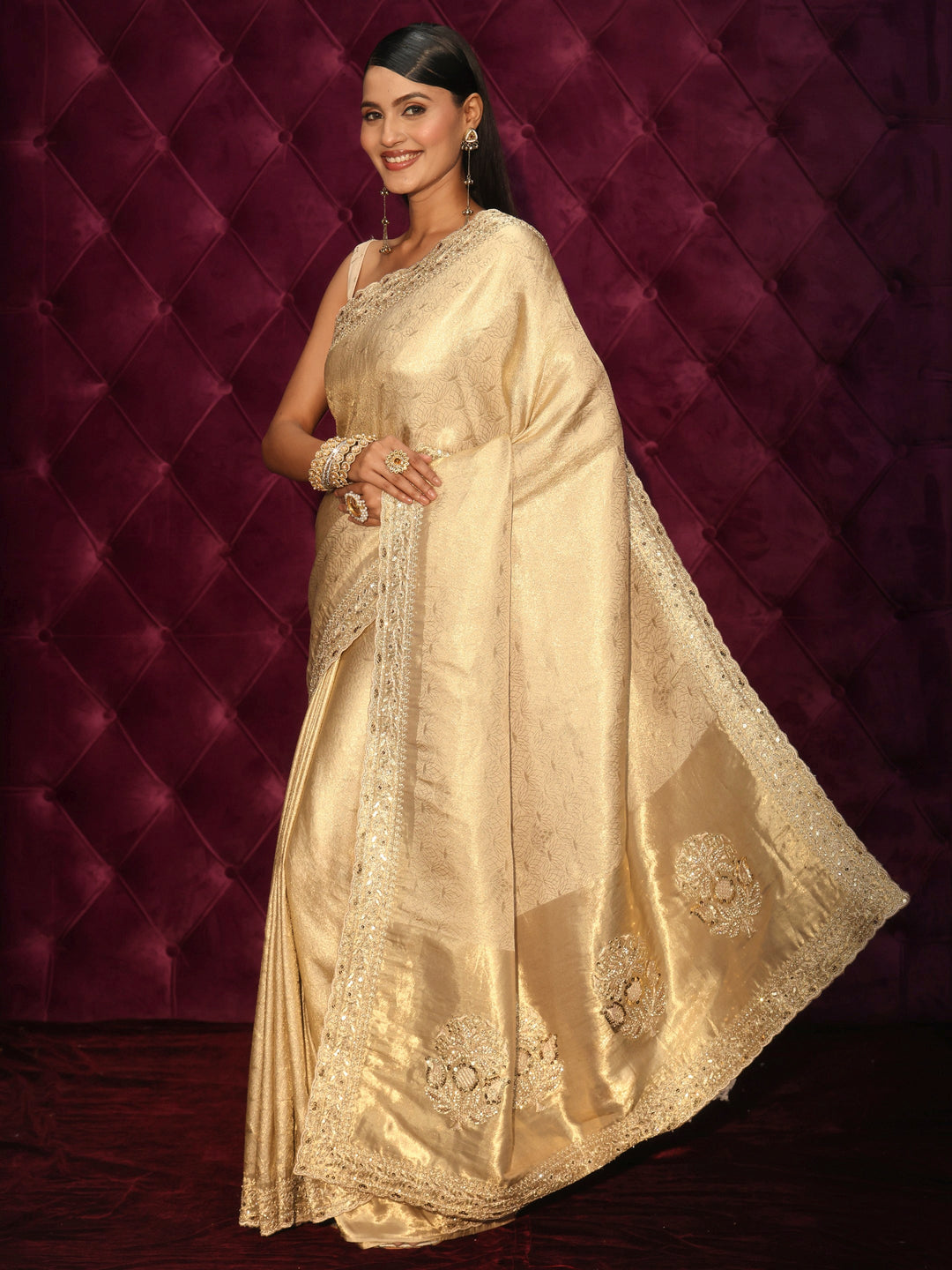 Libas Art Golden Woven Design Silk Blend Saree with Embellished Pallu
