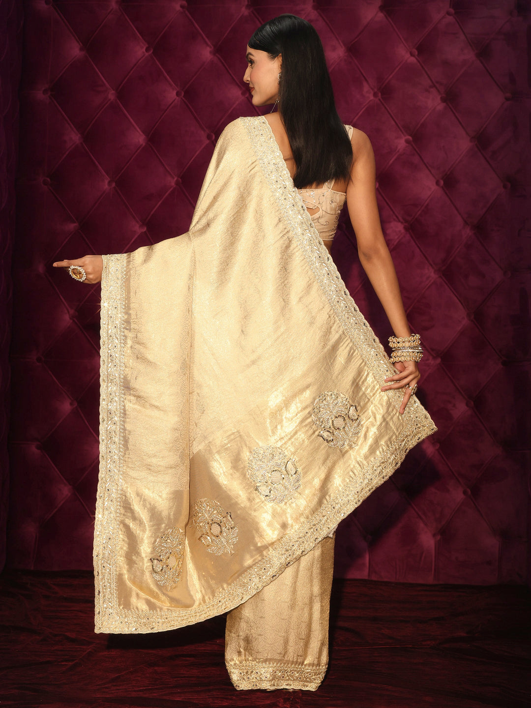 Libas Art Golden Woven Design Silk Blend Saree with Embellished Pallu