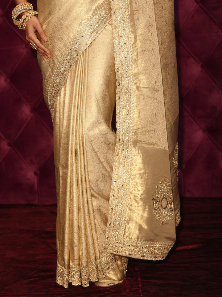Libas Art Golden Woven Design Silk Blend Saree with Embellished Pallu