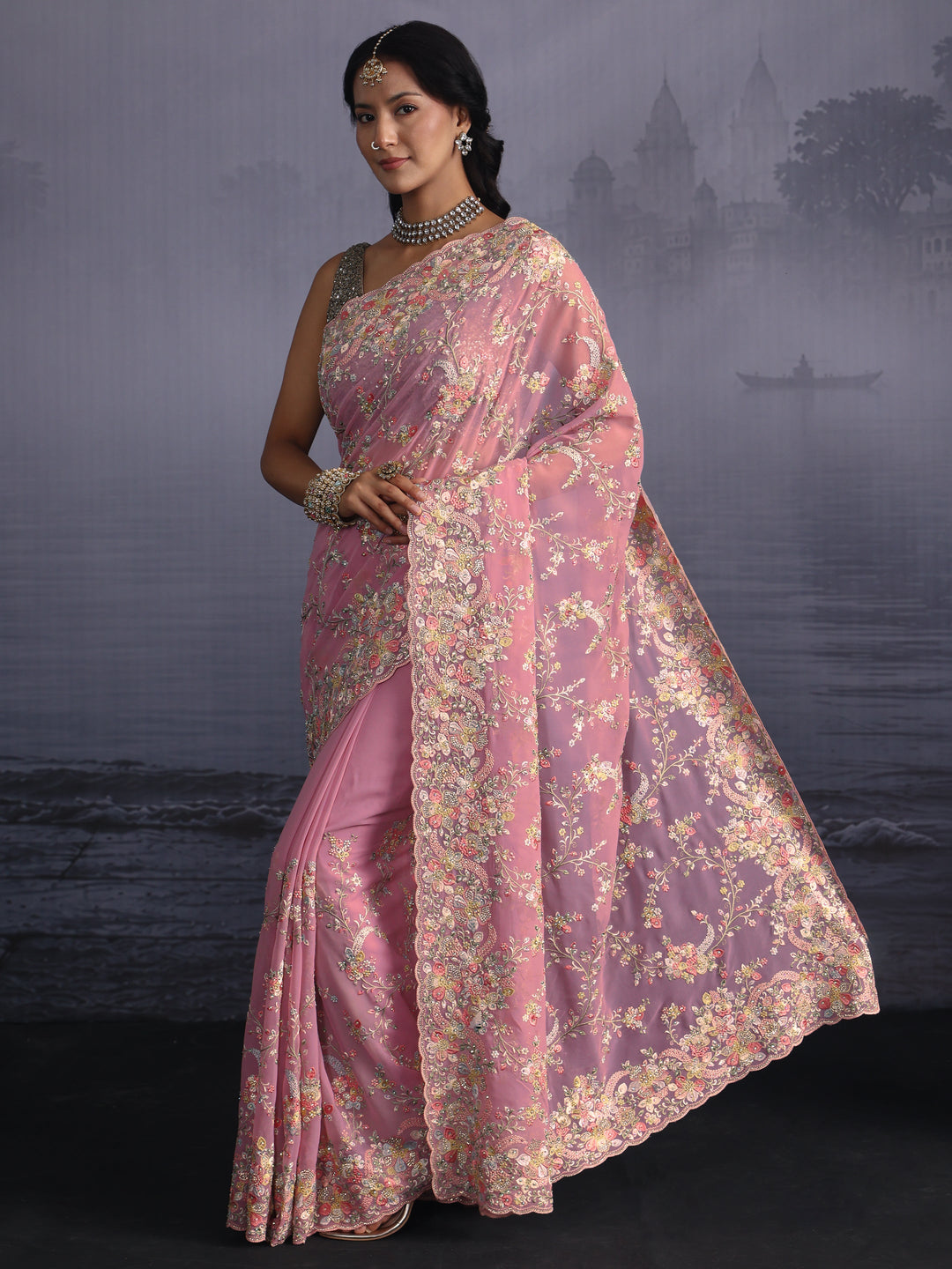 Libas Art Blush Pink Floral Embroidered Stone Work Georgette Saree