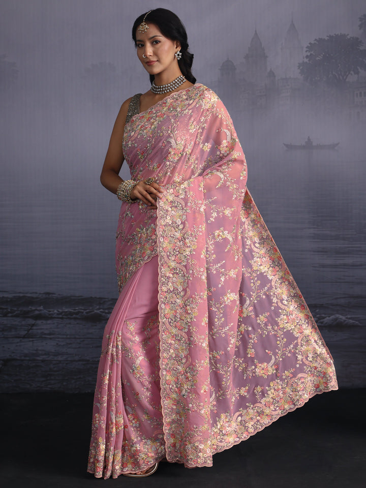 Libas Art Blush Pink Floral Embroidered Stone Work Georgette Saree