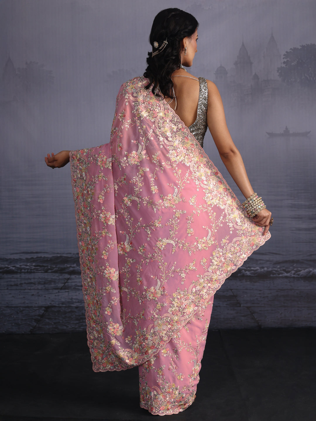 Libas Art Blush Pink Floral Embroidered Stone Work Georgette Saree