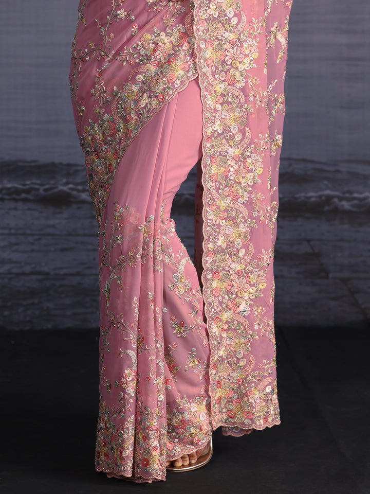 Libas Art Blush Pink Floral Embroidered Stone Work Georgette Saree