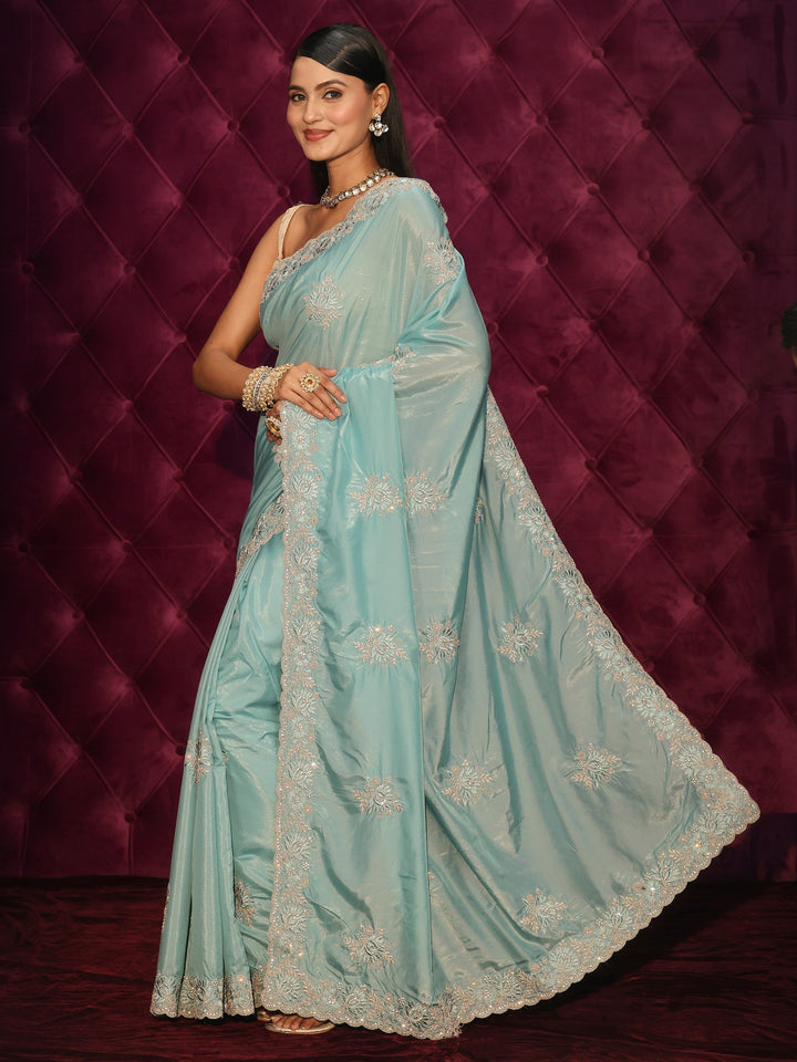Libas Aqua Blue Floral Embroidered Satin Saree