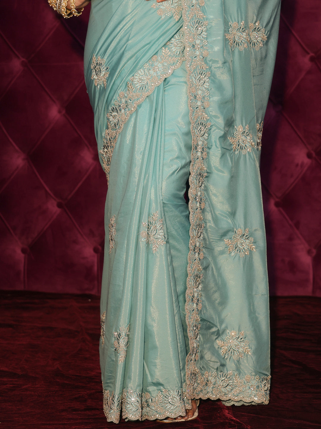 Libas Aqua Blue Floral Embroidered Satin Saree