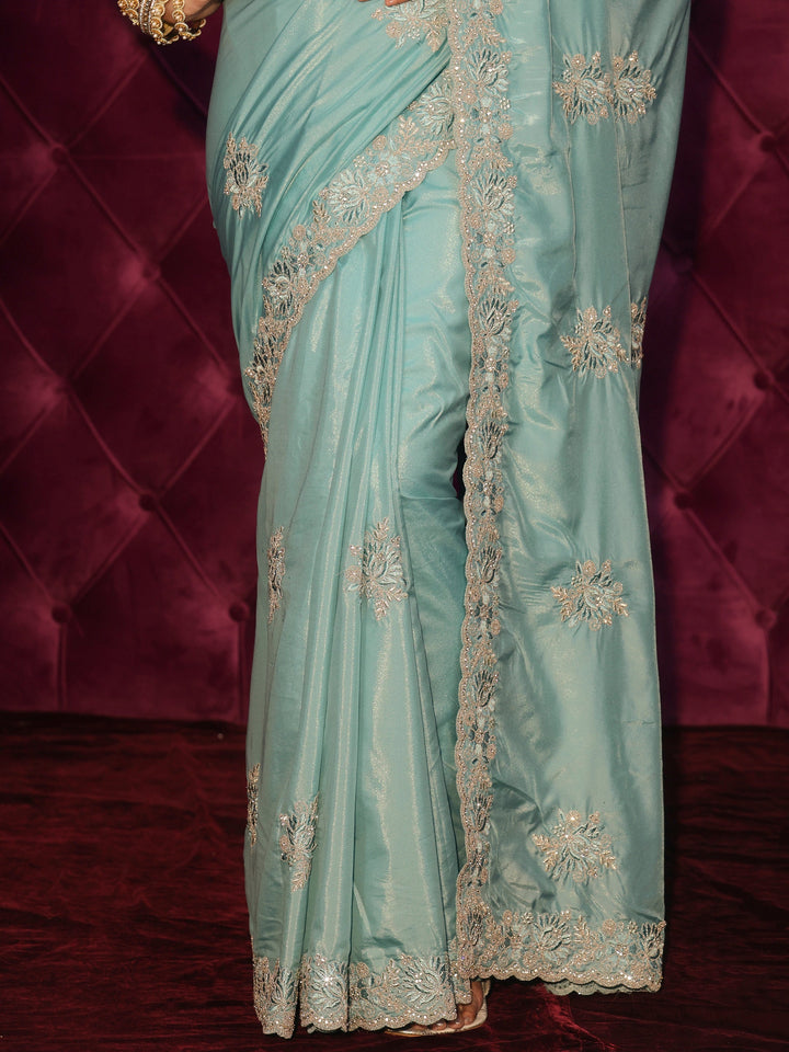 Libas Aqua Blue Floral Embroidered Satin Saree