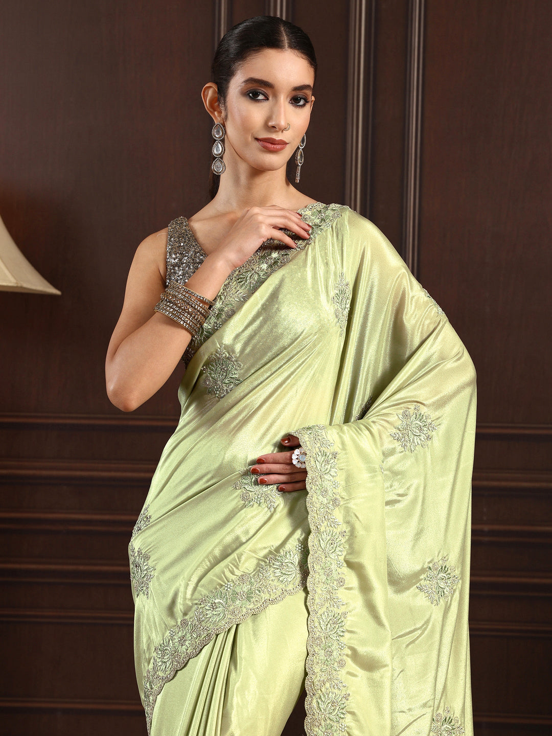 Libas Green Floral Embroidered Satin Saree