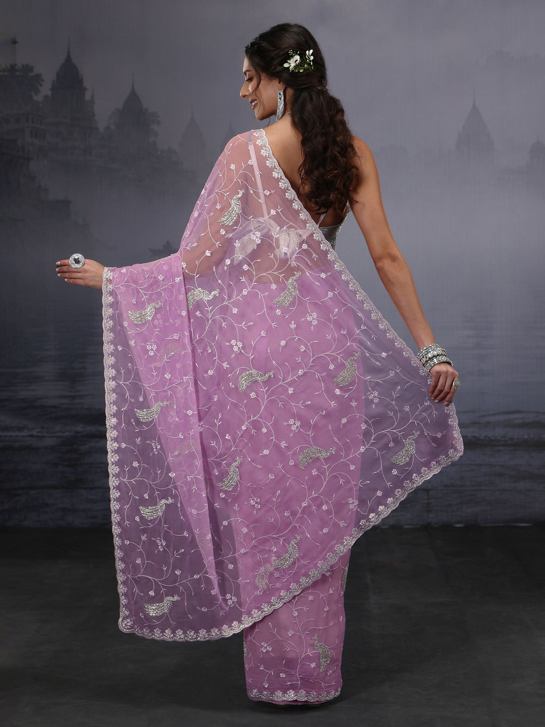 Libas Lavender Floral Embroidered Chiffon Saree with Stone Work