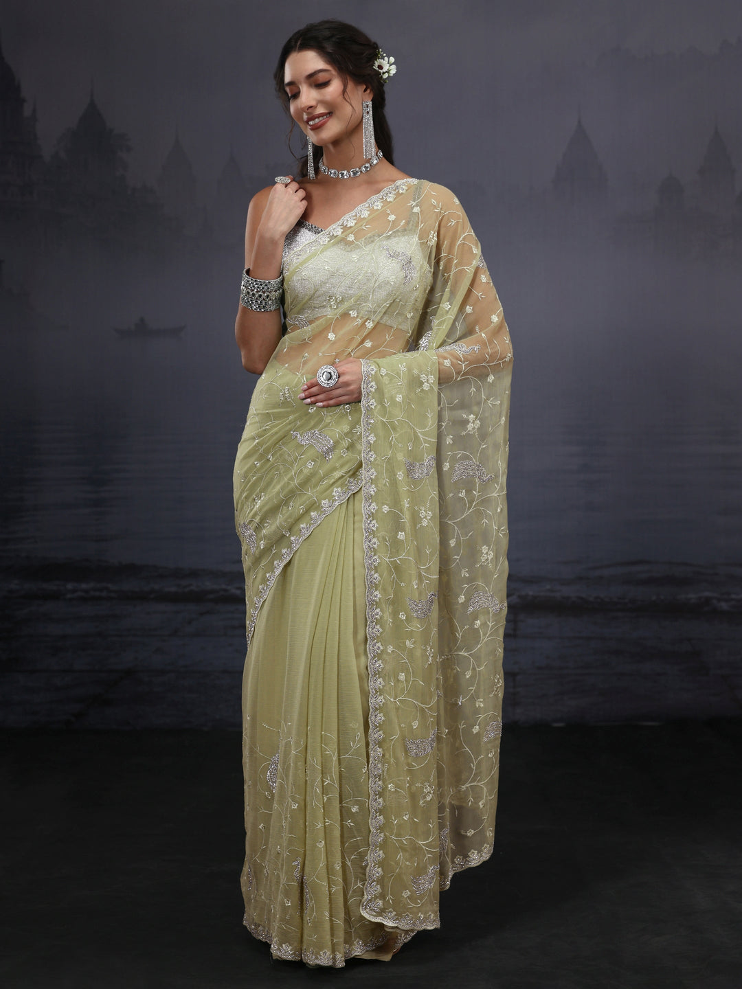 Libas Green Floral Embroidered Chiffon Saree with Stone Work