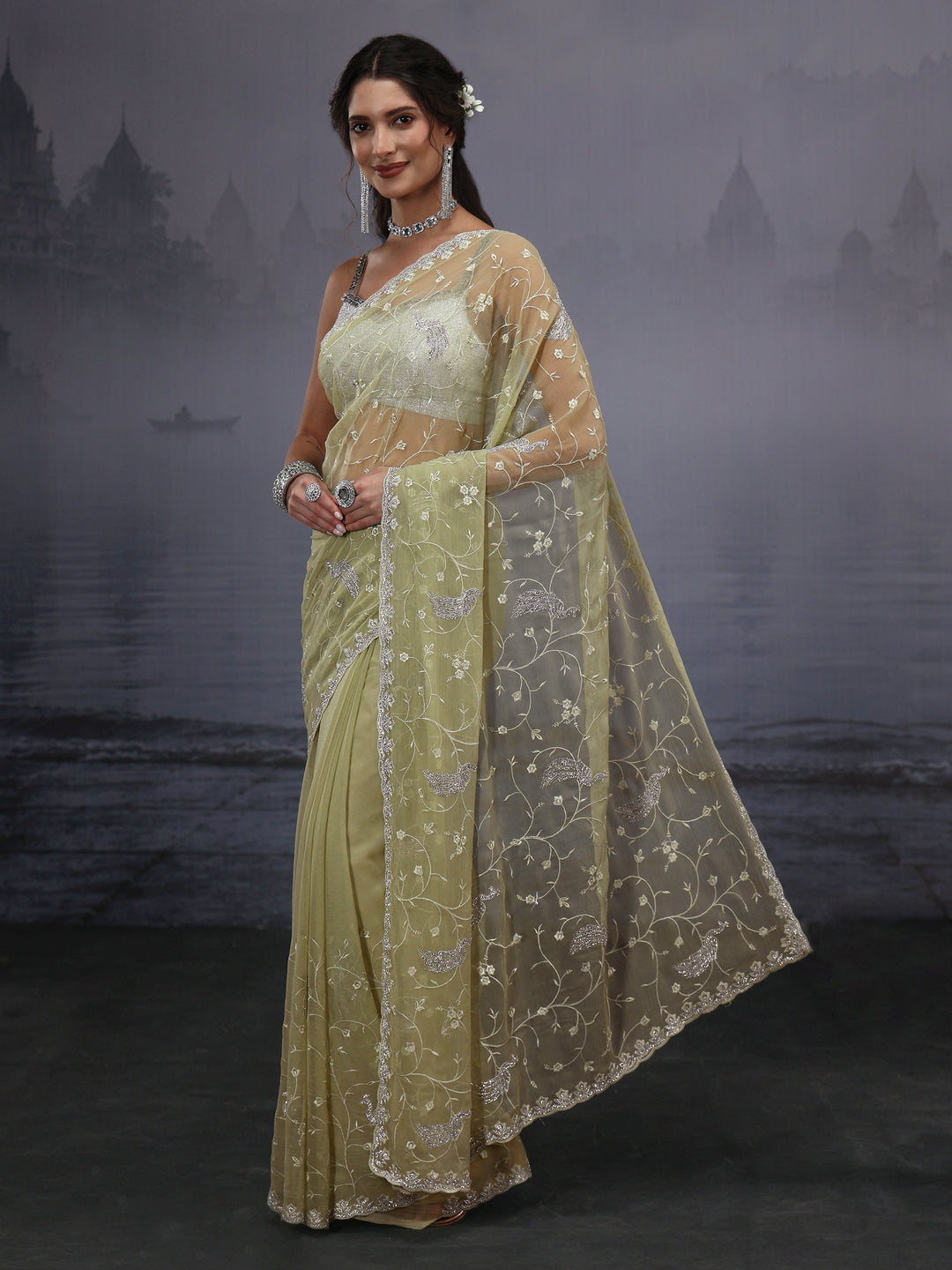 Libas Green Floral Embroidered Chiffon Saree with Stone Work