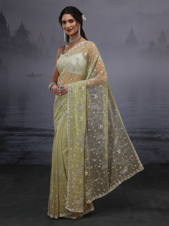 Libas Green Floral Embroidered Chiffon Saree with Stone Work