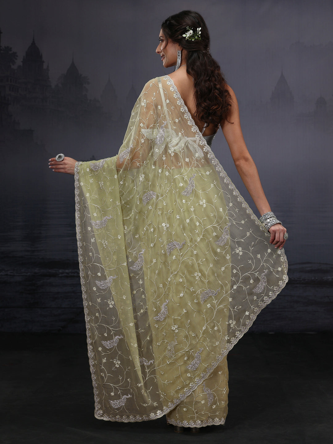 Libas Green Floral Embroidered Chiffon Saree with Stone Work