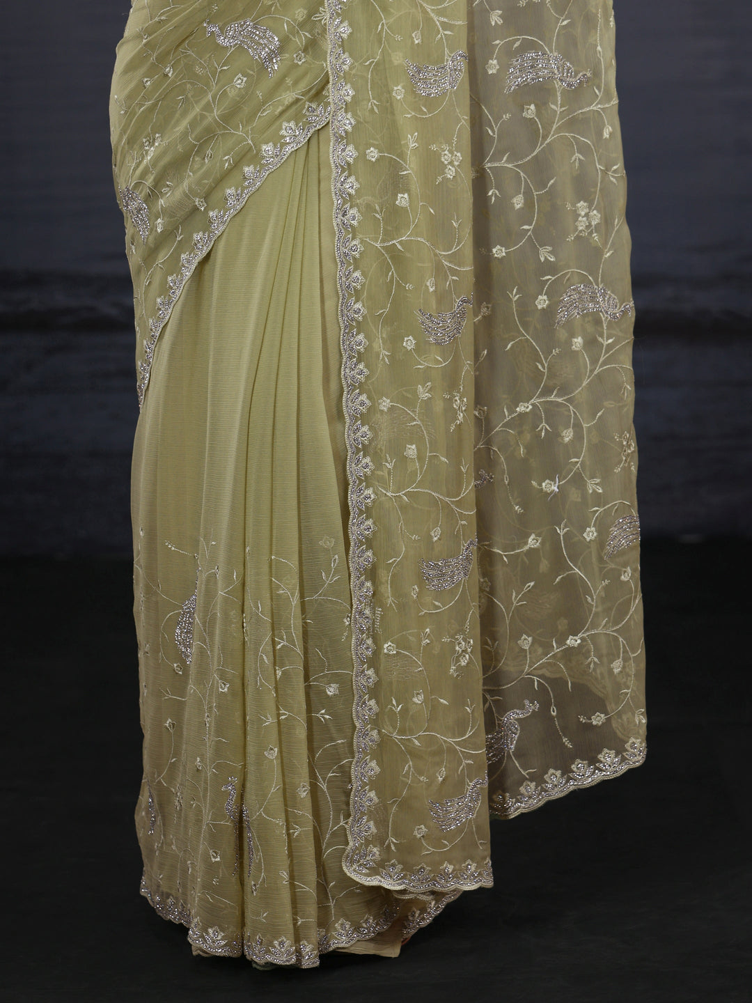 Libas Green Floral Embroidered Chiffon Saree with Stone Work