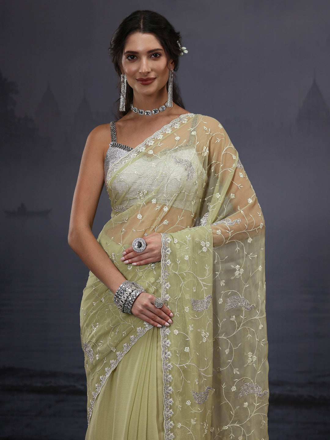 Libas Green Floral Embroidered Chiffon Saree with Stone Work