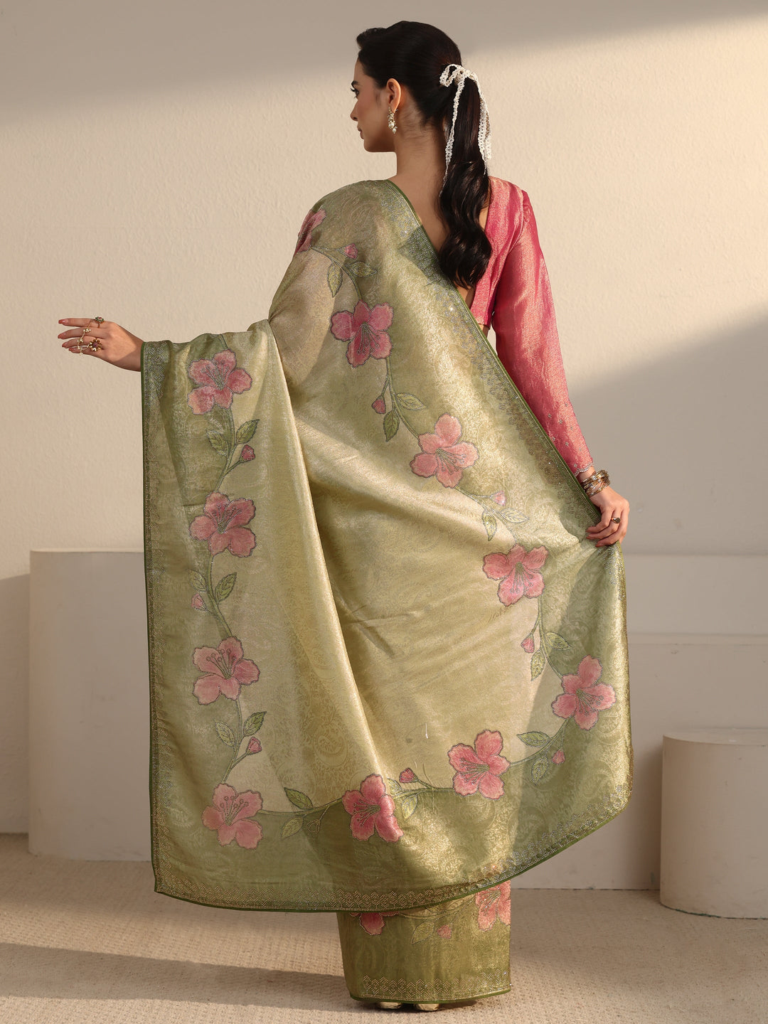 Libas Green Floral Stone Work Embellished Silk Blend Saree