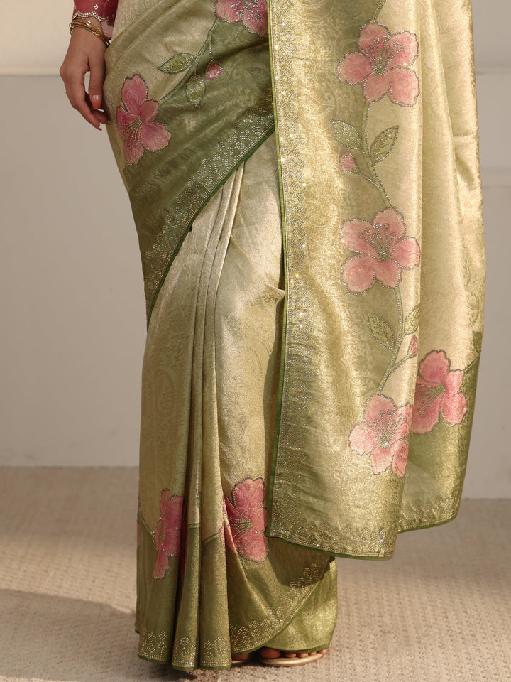 Libas Green Floral Stone Work Embellished Silk Blend Saree