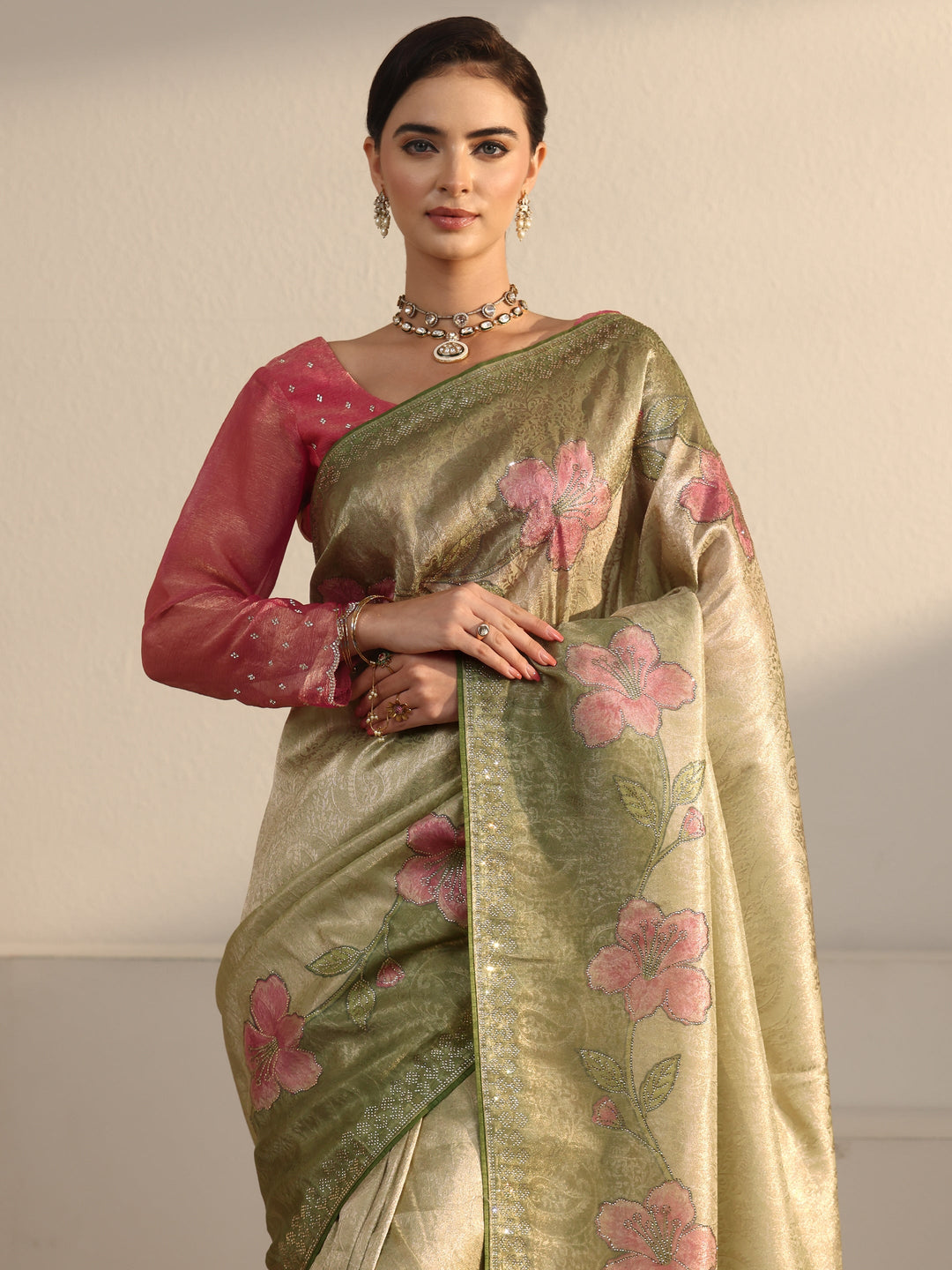 Libas Green Floral Stone Work Embellished Silk Blend Saree