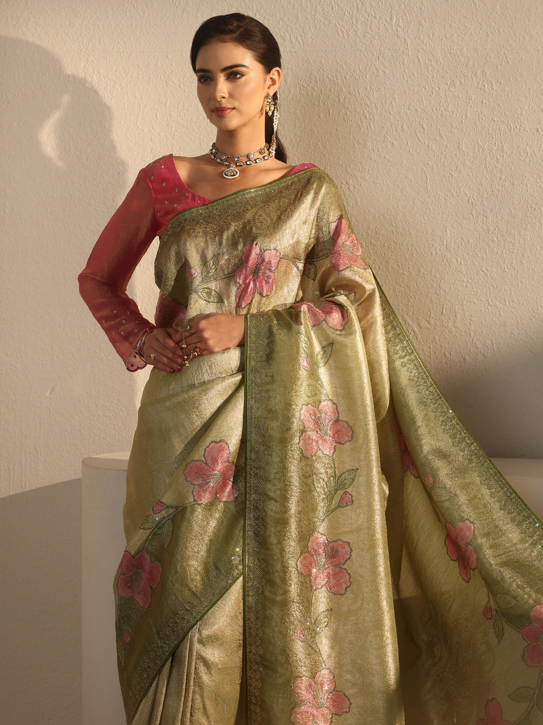 Libas Green Floral Stone Work Embellished Silk Blend Saree