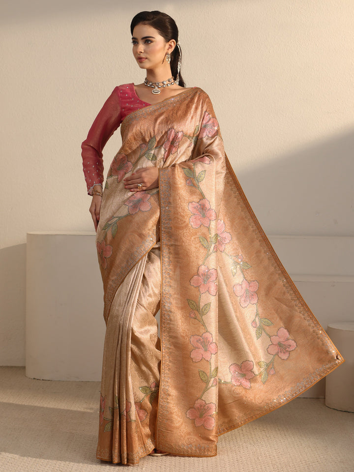 Libas Peach Floral Stone Work Embellished Silk Blend Saree