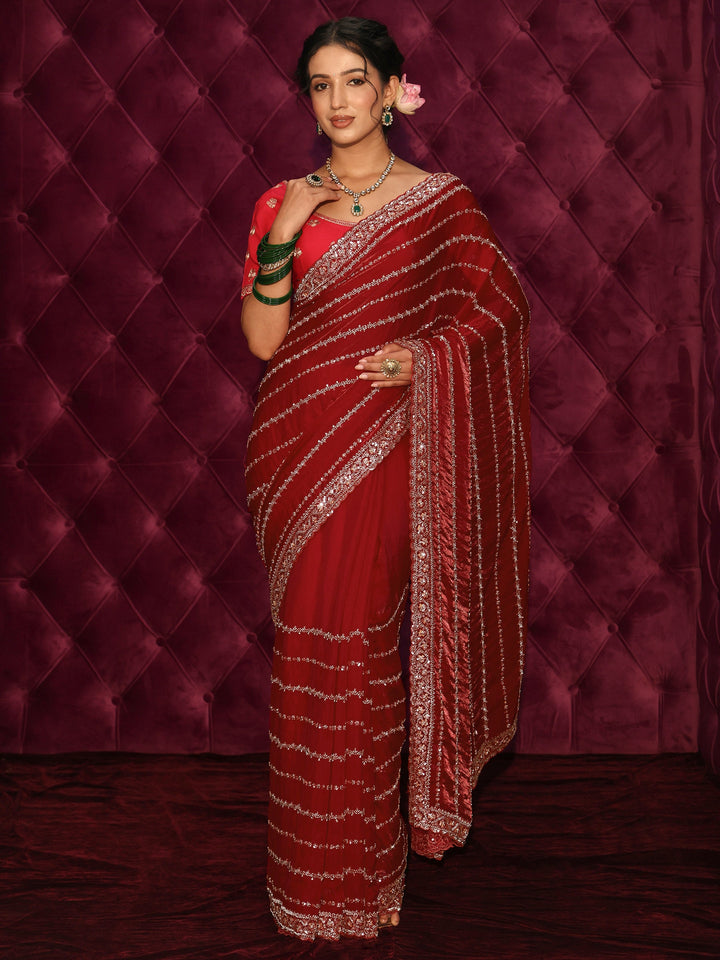 Libas Art Red Embellished Tissue Saree