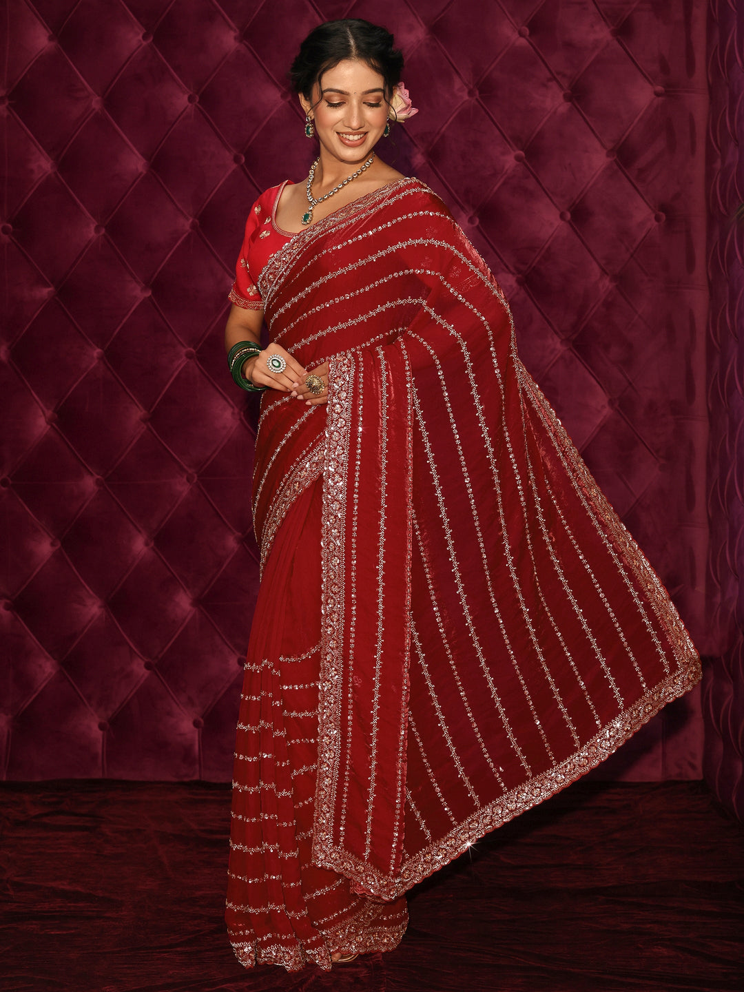 Libas Art Red Embellished Tissue Saree