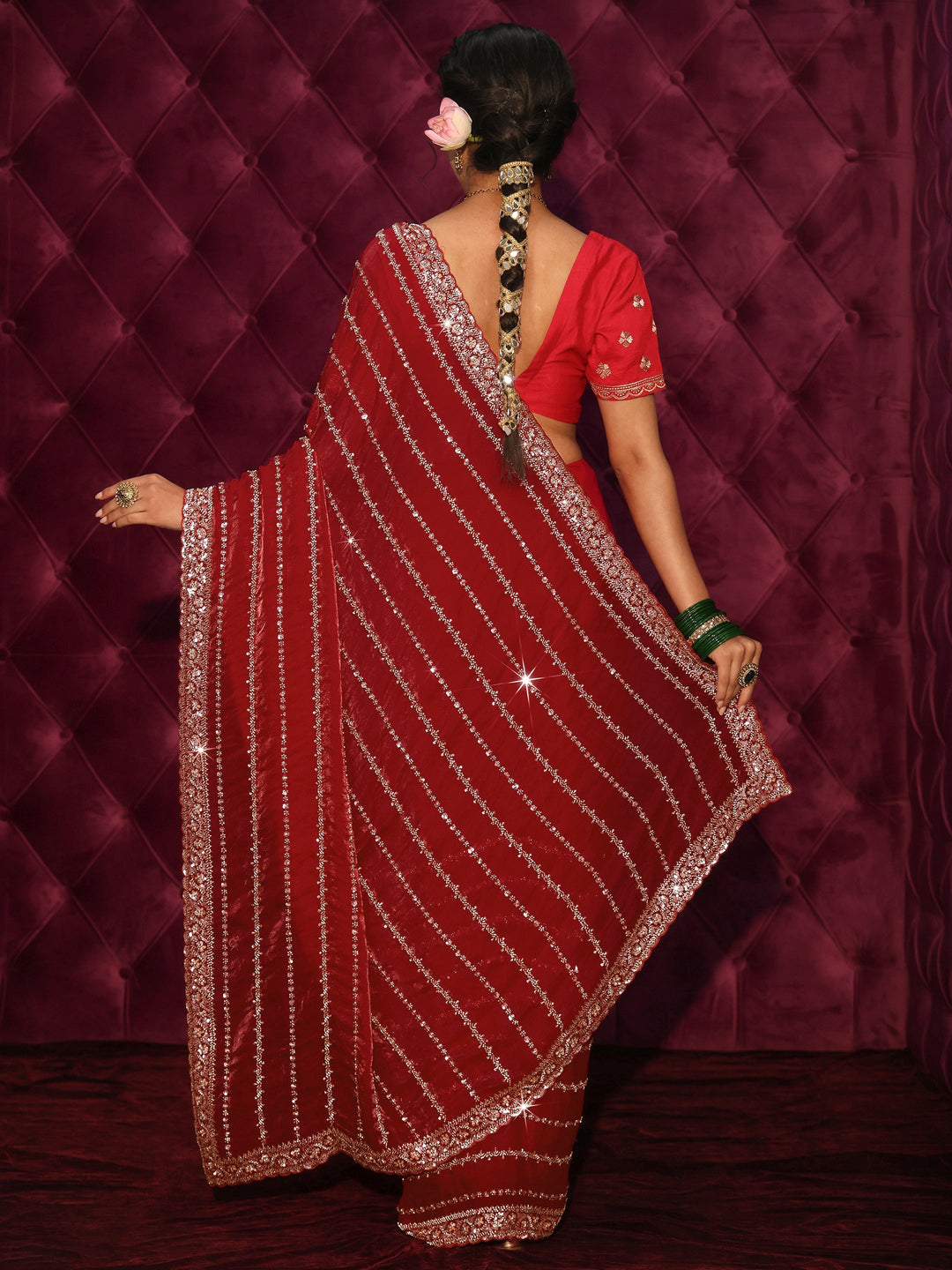 Libas Art Red Embellished Tissue Saree
