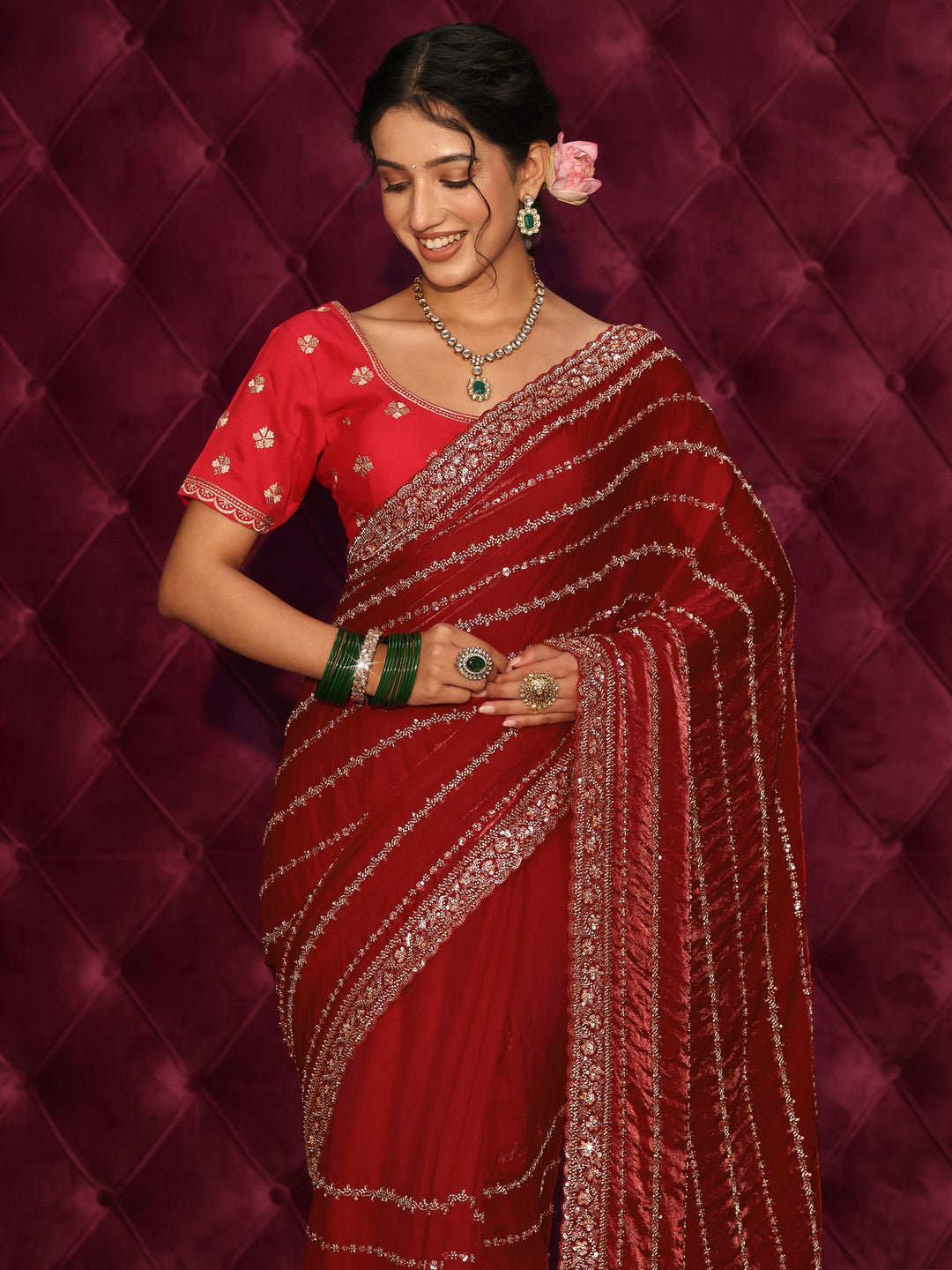 Libas Art Red Embellished Tissue Saree