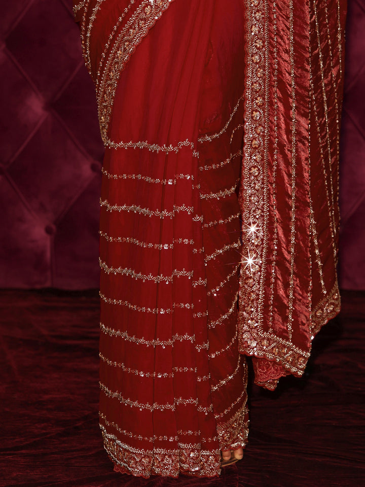 Libas Art Red Embellished Tissue Saree