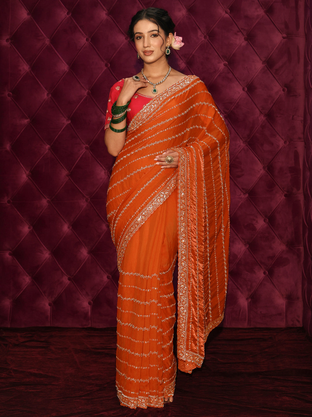 Libas Art Orange Embellished Tissue Saree