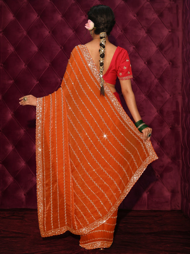 Libas Art Orange Embellished Tissue Saree